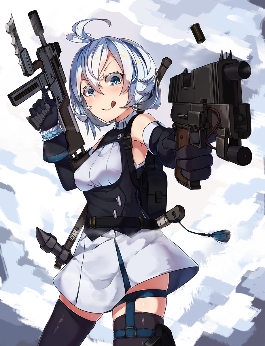 1girl :q antenna_hair backpack bag bangs bayonet belt black_gloves blue_eyes breasts casing_ejection contrapposto cowboy_shot dennou_shoujo_youtuber_shiro dress dual_wielding elbow_gloves finger_on_trigger framed_breasts gloves gun hair_between_eyes handgun highres holding holding_gun holding_weapon holster looking_at_viewer medium_breasts natori_youkai outstretched_arm pistol shell_casing shiro_(dennou_shoujo_youtuber_shiro) short_hair silver_hair sleeveless sleeveless_dress smile solo standing submachine_gun thigh-highs thigh_holster tongue tongue_out trigger_discipline underbust v-shaped_eyebrows weapon weapon_on_back weapon_request zettai_ryouiki