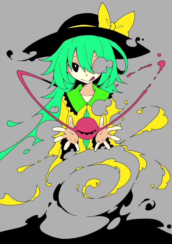 1girl asameshi black_eyes black_hat bow disintegration flat_color green_hair grey_background hair_between_eyes hat hat_bow komeiji_koishi long_hair looking_at_viewer shirt simple_background solo third_eye touhou yellow_bow yellow_shirt