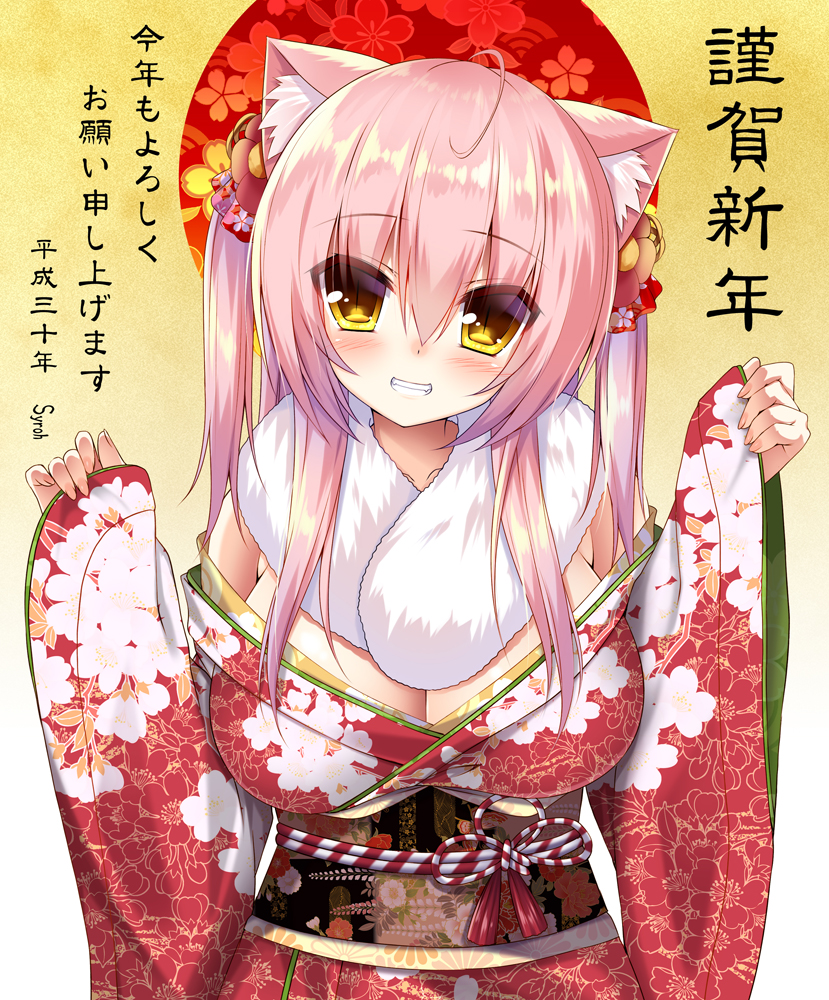 1girl ahoge animal_ears blush breasts cat_ears cleavage grin hair_ornament japanese_clothes kimono large_breasts long_hair looking_at_viewer original pink_hair scarf shia_flatpaddy slit_pupils smile solo syroh yellow_eyes