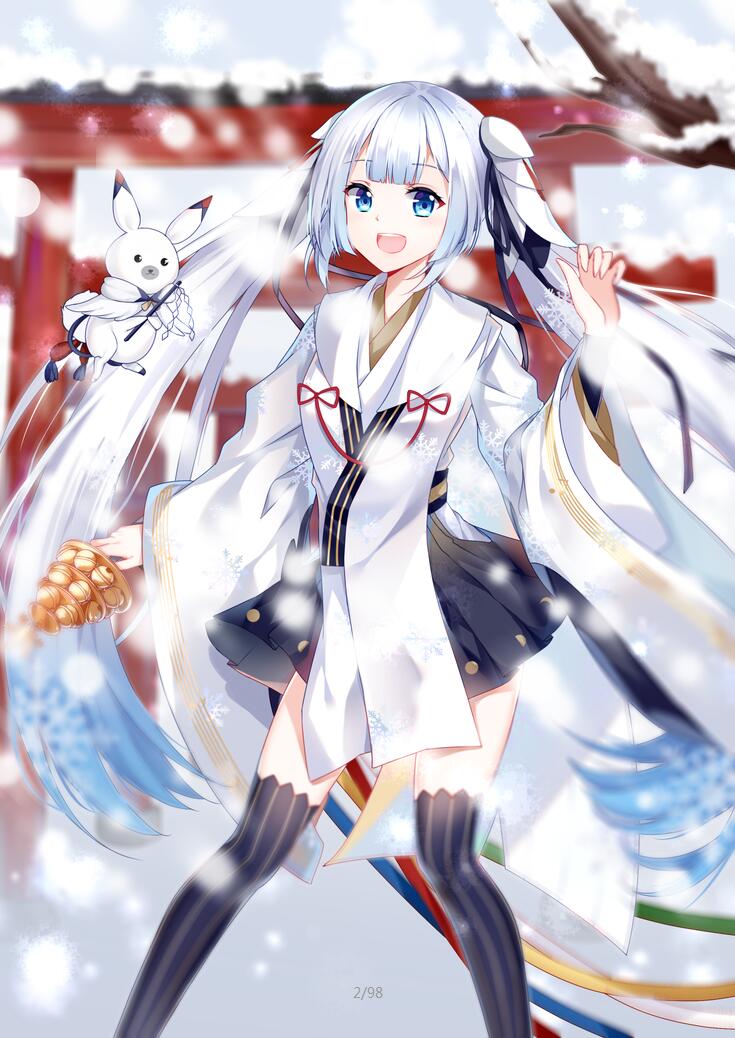 1girl :d black_legwear black_skirt blue_eyes blurry_backgroun hand_up long_hair open_mouth outdoors shide skirt smile snow solo standing striped striped_legwear thigh-highs torii very_long_hair vocaloid white_hair yuu_li_(glass)