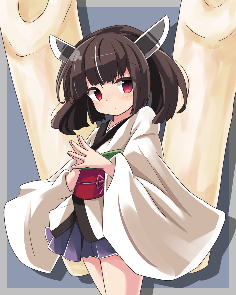 1girl bangs blue_skirt blush brown_hair chikuwa closed_mouth commentary_request eyebrows_visible_through_hair food highres japanese_clothes kimono long_sleeves looking_at_viewer nose_blush obi own_hands_together pleated_skirt red_eyes ryogo sash short_hair short_kimono skirt solo touhoku_kiritan voiceroid white_kimono wide_sleeves