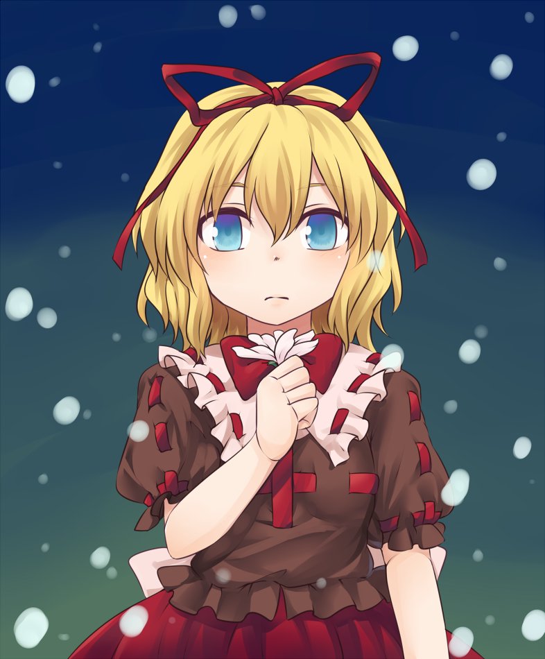 1girl bangs blonde_hair blue_eyes bow bowtie closed_mouth expressionless flower hair_between_eyes hair_ribbon holding holding_flower looking_at_viewer medicine_melancholy miyo_(ranthath) puffy_short_sleeves puffy_sleeves red_neckwear red_ribbon ribbon short_hair short_sleeves solo touhou