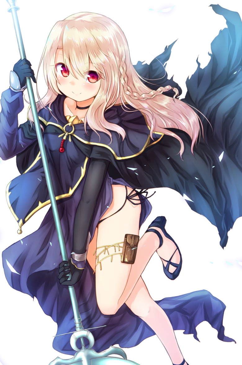 1girl baram bare_legs black_choker black_footwear braid cape choker collarbone commentary_request fate/kaleid_liner_prisma_illya fate_(series) holding holding_weapon holster illyasviel_von_einzbern long_hair long_sleeves looking_at_viewer pelvic_curtain polearm red_eyes sidelocks smile solo thigh_holster torn_cape weapon