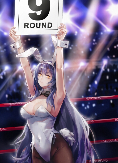 1girl alternate_costume animal_ears armpits arms_up audience bare_shoulders black_bow blue_hair blush bow bowtie boxing_ring breasts bunny_girl bunny_tail bunnysuit camera_flash ck_(26982497) cleavage closed_mouth detached_collar eyebrows_visible_through_hair girls_frontline hair_between_eyes indoors large_breasts lens_flare leotard light_rays lights long_hair looking_at_viewer pantyhose playboy_bunny_leotard rabbit_ears side-tie_leotard sign smile solo stadium tail tar-21_(girls_frontline) very_long_hair white_collar white_leotard wrist_cuffs yellow_eyes