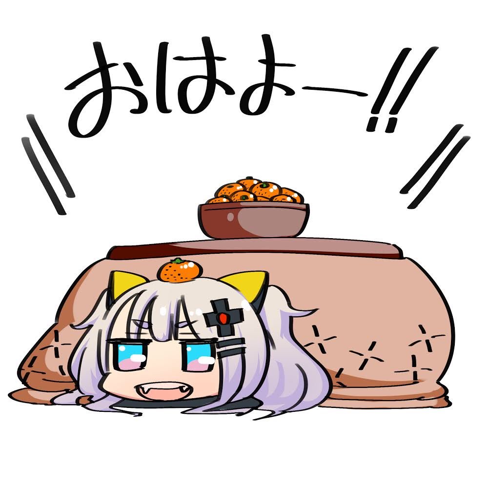 1girl :d bangs blue_eyes bowl chibi commentary_request eyebrows_visible_through_hair fangs food fruit gingami_(giluziru) hair_ornament hairclip kaguya_luna kaguya_luna_(character) kotatsu looking_at_viewer lying mandarin_orange multicolored multicolored_eyes on_stomach open_mouth pink_eyes purple_hair simple_background smile solo table twintails under_kotatsu under_table white_background