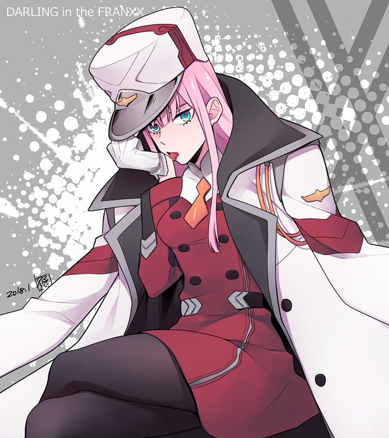 1girl blue_eyes darling_in_the_franxx dated gloves hat kuma_yuu licking_hand long_hair looking_at_viewer oversized_clothes pink_hair sitting solo tongue tongue_out uniform zero_two_(darling_in_the_franxx)