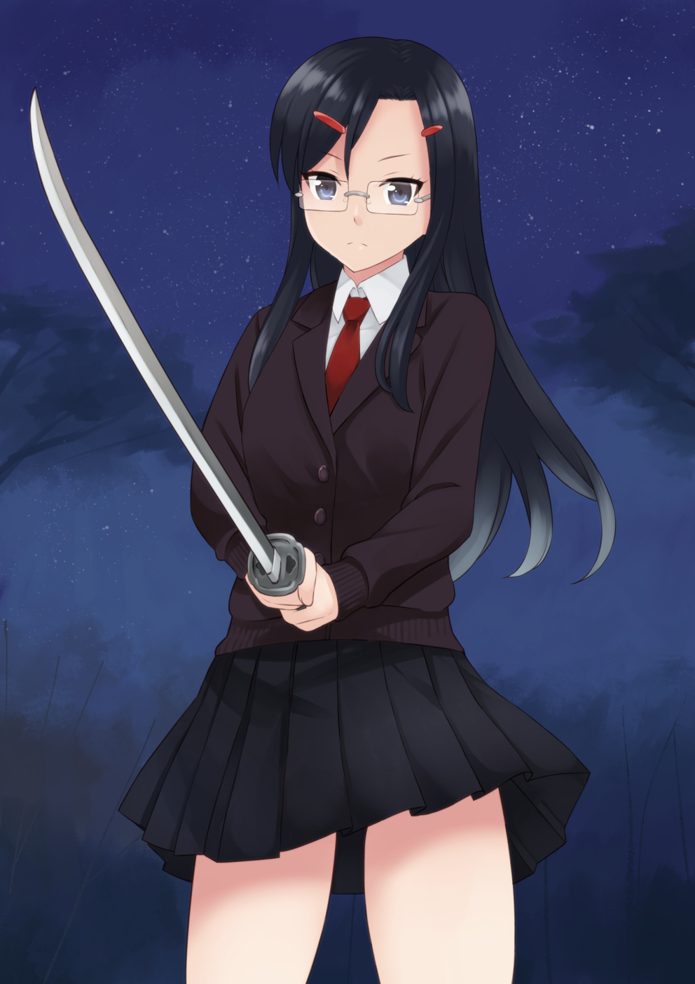 1girl akemiho_tabi_nikki black_hair black_skirt blue_eyes closed_mouth fighting_stance glasses hair_ornament hairclip highres holding holding_sword holding_weapon jacket katana kouno_hikaru legs_apart long_hair long_sleeves looking_at_viewer necktie night night_sky pleated_skirt red_neckwear rimless_eyewear school_uniform sidelocks skirt sky solo star_(sky) starry_sky sword thighs weapon