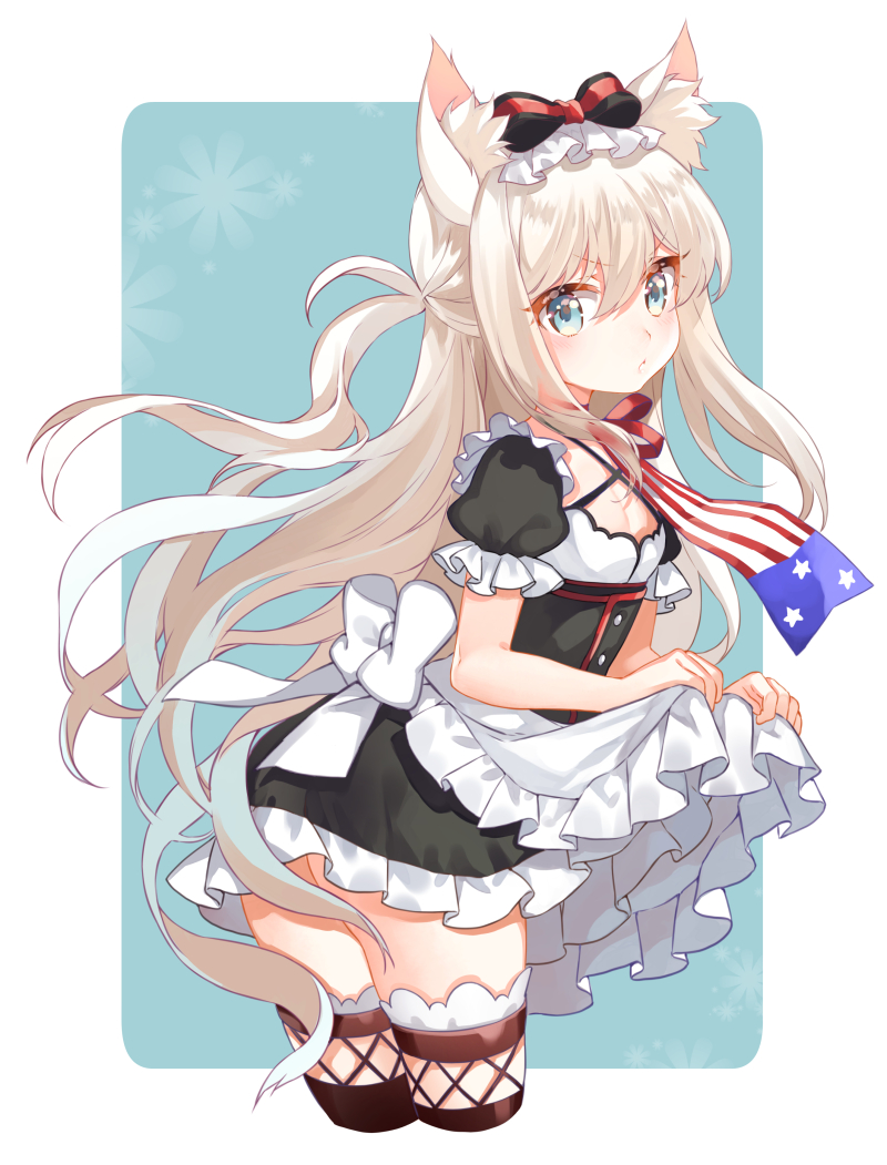 1girl american_flag american_flag_print animal_ears apron apron_lift azur_lane bangs black_dress blue_eyes blush bow cat_ears commentary_request dress dress_lift eyebrows_visible_through_hair flag_print frilled_apron frilled_sleeves frills hair_between_eyes hair_bow hammann_(azur_lane) lifted_by_self light_brown_hair long_hair looking_at_viewer looking_to_the_side one_side_up parted_lips print_neckwear puffy_short_sleeves puffy_sleeves shiosoda short_sleeves sidelocks solo thigh-highs v-shaped_eyebrows very_long_hair waist_apron white_apron white_bow