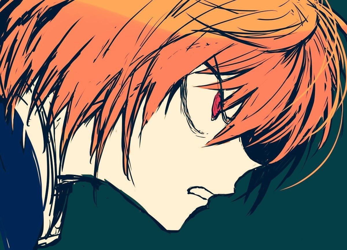 1boy bangs clenched_teeth commentary from_side frown green_background hair_between_eyes hunter_x_hunter kurapika limited_palette male_focus orange_hair parted_lips profile red_eyes simple_background solo takashi_(onikukku) teeth