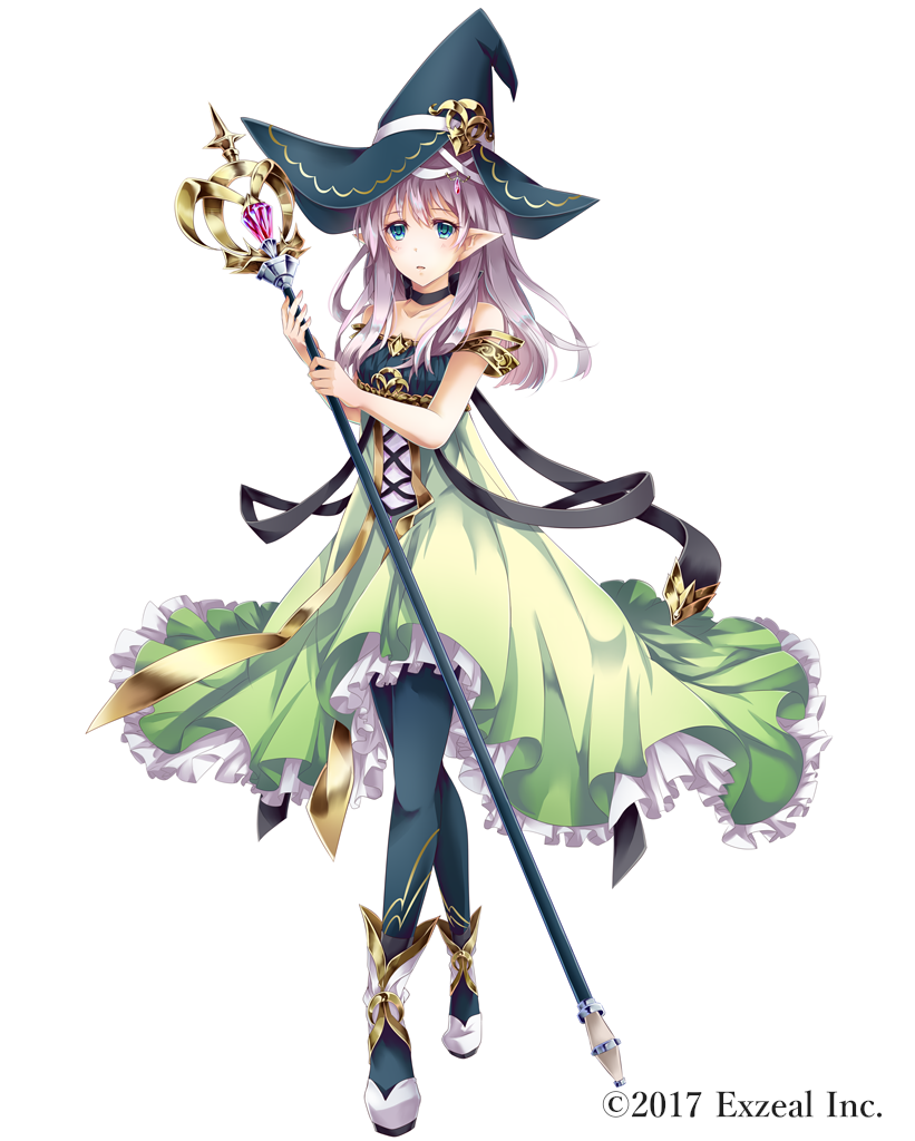 1girl black_hat black_legwear blue_skin copyright_request dress elf fantasy full_body green_dress green_eyes hat long_hair looking_at_viewer official_art pointy_ears purple_hair solo staff standing tachi-e tyouya watermark