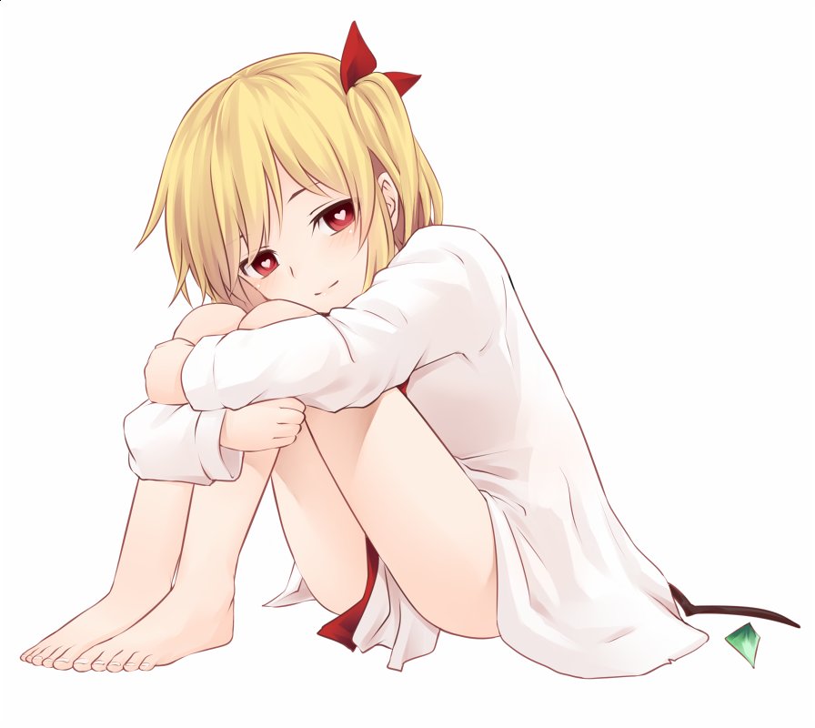 1girl bangs bare_legs barefoot blonde_hair blush bow closed_mouth flandre_scarlet full_body hair_bow leg_hug long_sleeves looking_at_viewer miyo_(ranthath) no_pants red_bow red_eyes shirt side_ponytail simple_background sitting solo touhou white_background white_shirt