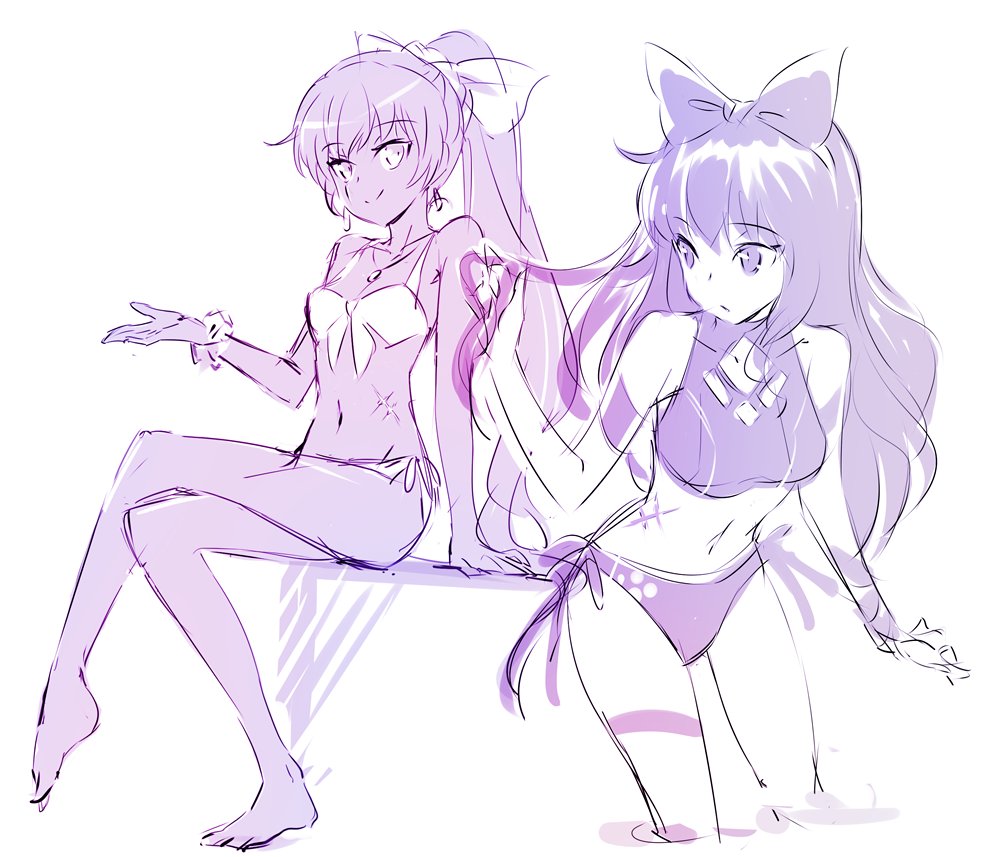 2girls blake_belladonna iesupa multiple_girls navel rwby scar scar_across_eye swimsuit weiss_schnee