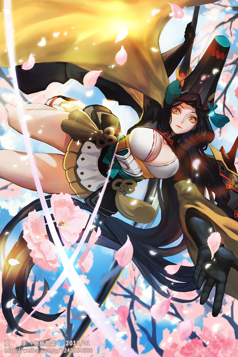 1girl absurdly_long_hair armor black_gloves black_hair breasts cleavage collarbone dated falling geta gloves hat highres holding holding_sword holding_weapon japanese_armor japanese_clothes large_breasts long_hair long_sleeves looking_at_viewer miniskirt obi onmyoji red_lips sash shrug_(clothing) skirt sliced solo sword tabi very_long_hair watermark weapon web_address xiaji yaodao_ji yellow_eyes