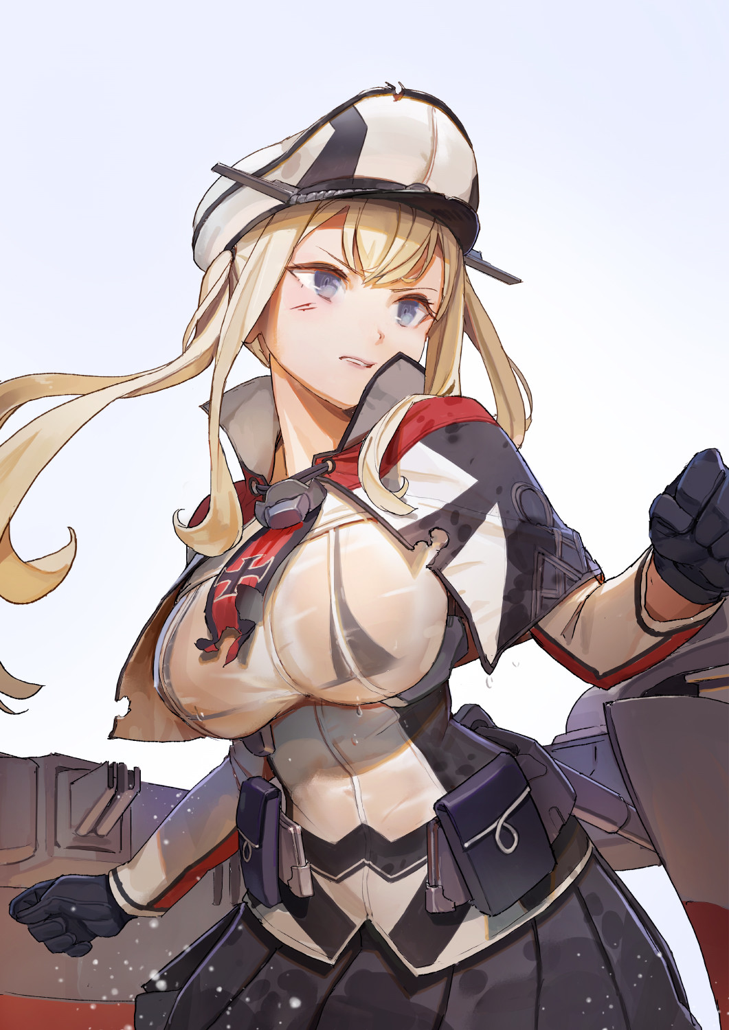 1girl bangs bikini bikini_under_clothes black_bikini black_gloves black_skirt blonde_hair blue_eyes blush breasts capelet commentary eyebrows_visible_through_hair gloves graf_zeppelin_(kantai_collection) hair_between_eyes hat highres iron_cross jacket kantai_collection large_breasts long_sleeves looking_to_the_side micro_bikini miniskirt necktie open_eyes open_mouth parted_lips peaked_cap pleated_skirt red_neckwear rigging see-through shadow simple_background skirt solo swimsuit swimsuit_under_clothes tim_loechner twintails upper_body wet wet_clothes white_background white_hat white_jacket