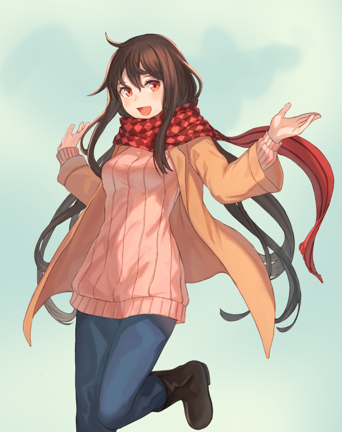 1girl ahoge bangs blue_background blush boots breasts brown_footwear brown_hair checkered_scarf denim gradient gradient_background hands_up jacket jeans knee_boots leg_up long_hair long_sleeves looking_at_viewer medium_breasts open_clothes open_jacket orange_jacket original pants peroncho pink_sweater red_eyes red_scarf scarf sidelocks solo standing standing_on_one_leg sweater tareme very_long_hair