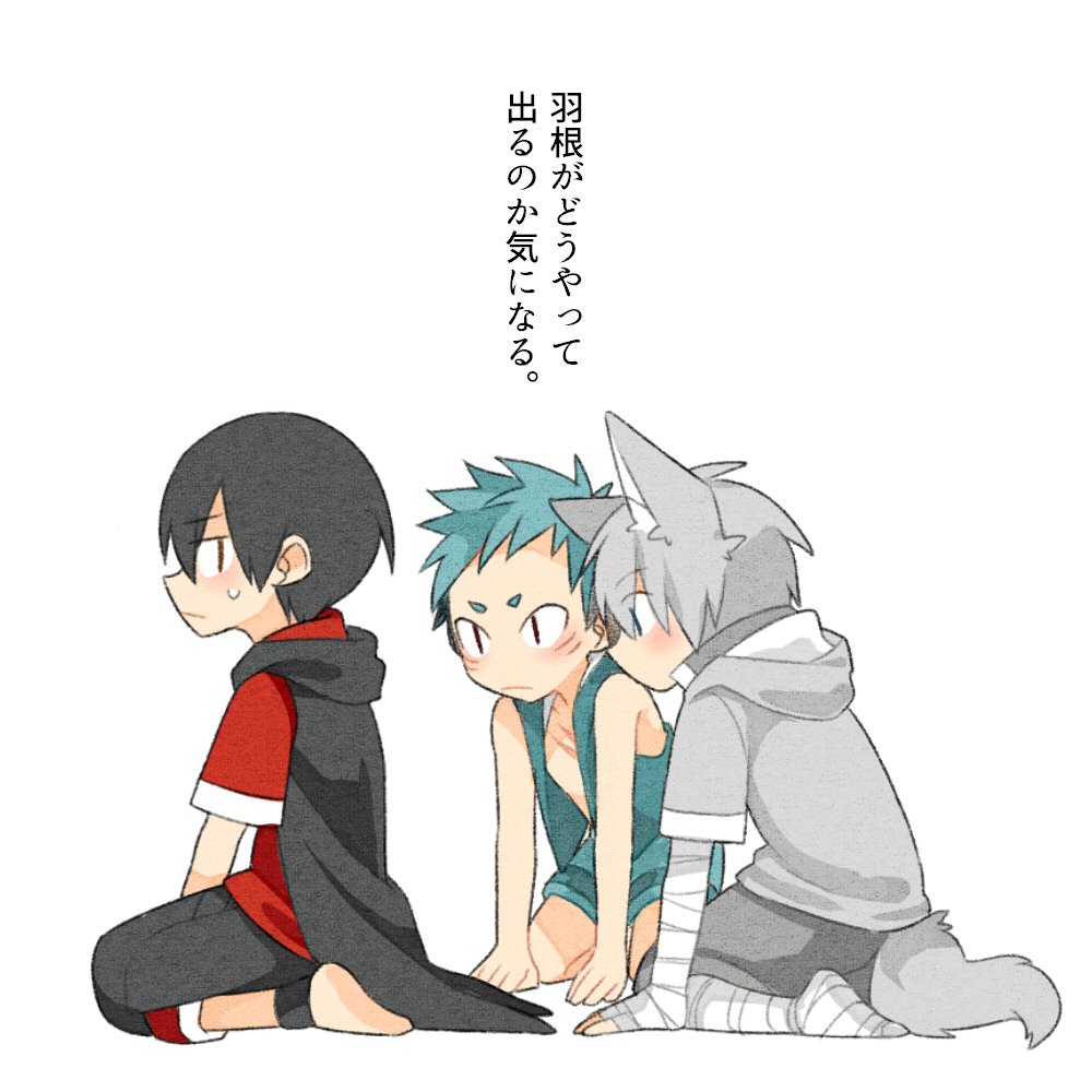 3boys animal_ears aqua_hair aqua_hoodie aqua_shorts bandage bandaged_arm bandaged_leg barefoot bird black_hair black_hoodie black_shorts black_wristband blue_eyes blush chest_scar eyebrows_visible_through_hair facial_mark gills grey_hoodie grey_shorts hood hoodie male_focus multiple_boys original pointy_ears red_eyes red_shirt scar seiza shark shirt shorts silver_hair sitting slit_pupils staring swallow sweat sweatshirt tail touyama_(t3yama2) wings wolf wolf_ears wolf_tail wristband yellow_eyes