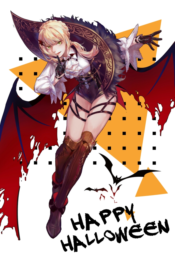 1girl alternate_costume alternate_hairstyle argyle ascot bangs bat black_gloves blonde_hair blush boots braid brown_footwear ck_(26982497) collared_shirt fangs finger_to_mouth flight floating floating_hair flying french_braid full_body girls_frontline gloves green_eyes gun halloween happy_halloween high_heel_boots high_heels holster index_finger_raised long_sleeves looking_at_viewer o-ring open_mouth outstretched_hand red_wings shiny shiny_clothes shiny_hair shirt short_hair_with_long_locks shushing simple_background skindentation smile solo star thigh-highs thigh_boots thigh_holster torn_wings vampire vampire_costume weapon welrod_mk2_(girls_frontline) white_shirt wide_sleeves wind wind_lift wing_hair_ornament wings wristband