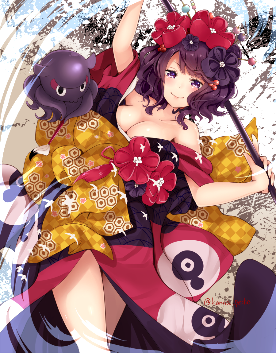 1girl animal arm_up bangs bare_shoulders bird blonde_hair breasts cleavage closed_mouth fate/grand_order fate_(series) flower hair_flower hair_ornament hairpin holding_paintbrush japanese_clothes katsushika_hokusai_(fate/grand_order) kimono leaning_to_the_side legs_crossed looking_at_viewer medium_breasts narushima_kanna octopus off_shoulder print_kimono purple_flower purple_hair red_flower sash short_hair smile violet_eyes