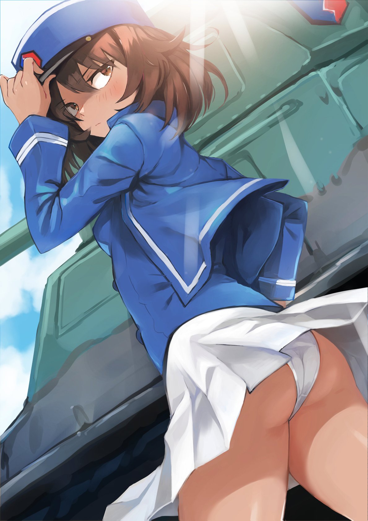 1girl andou_(girls_und_panzer) ass blue_hat blue_jacket blue_shirt blue_sky blush brown_eyes brown_hair closed_mouth clouds cloudy_sky commentary_request cowboy_shot doushimasho dutch_angle girls_und_panzer ground_vehicle hair_between_eyes hand_on_headwear hat highres jacket light_rays long_sleeves looking_back military military_vehicle motor_vehicle open_clothes open_jacket outdoors panties pantyshot pantyshot_(standing) peaked_cap pleated_skirt shirt skirt skirt_lift sky solo standing tank underwear white_panties white_skirt wind wind_lift