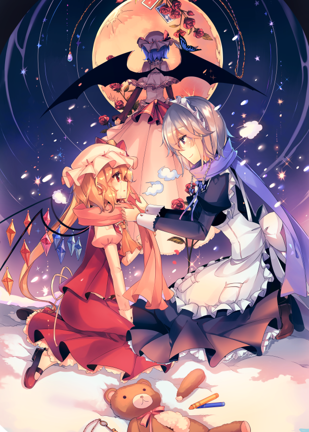 3girls apron ascot bat_wings black_footwear blonde_hair blue_dress blue_eyes blue_hair blue_scarf butterfly card commentary_request crayon crying crying_with_eyes_open dress flandre_scarlet flower frilled_apron frills from_behind from_side hat izayoi_sakuya juliet_sleeves kirero kneeling long_sleeves looking_at_another maid_apron maid_headdress mary_janes mob_cap moon multiple_girls night night_sky parted_lips petticoat pink_dress puffy_sleeves red_flower red_rose red_scarf red_skirt red_vest remilia_scarlet rose scarf shoes short_hair side_ponytail silver_hair skirt sky smile stuffed_animal stuffed_toy tears teddy_bear touhou vest wings yellow_neckwear