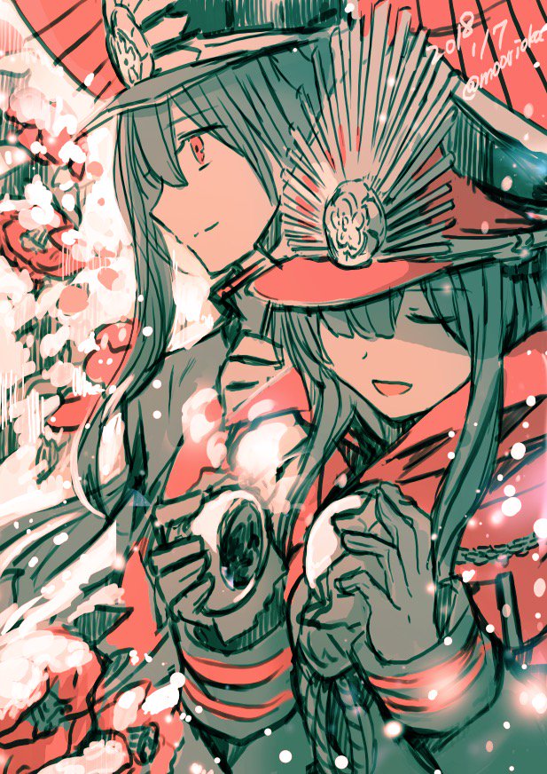 1boy 1girl :d black_hair breath brother_and_sister closed_eyes closed_mouth commentary_request dumpling eyebrows_visible_through_hair fate/grand_order fate_(series) food gloves grey_gloves hair_between_eyes hat holding limited_palette long_hair long_sleeves oda_nobukatsu_(fate/grand_order) oda_nobunaga_(fate) open_mouth peaked_cap red_scarf rioka_(southern_blue_sky) scarf siblings smile snow