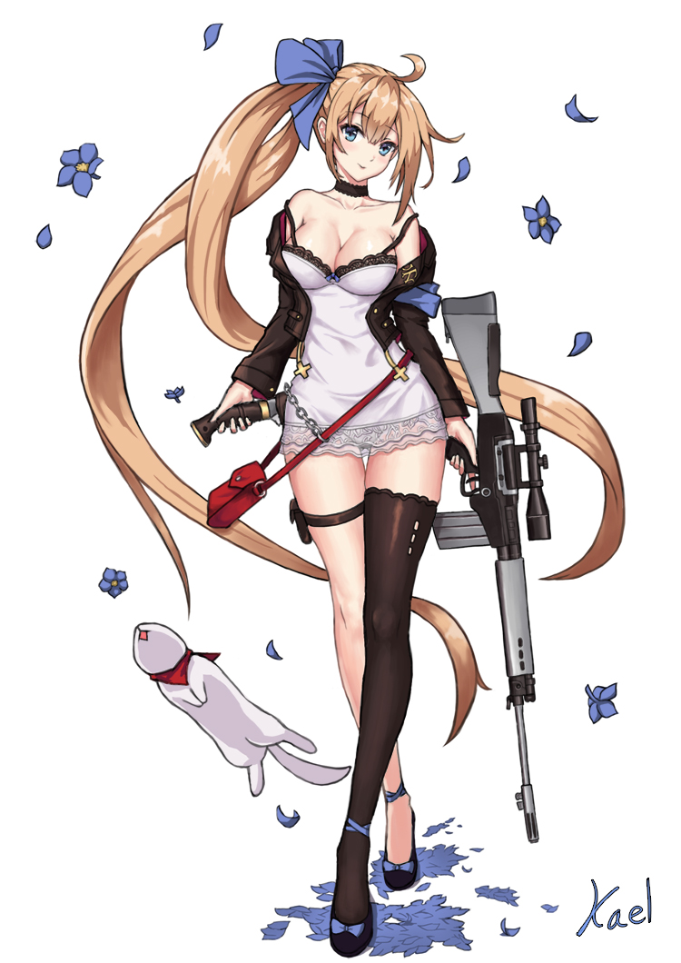 1girl ahoge armband armpit_peek assault_rifle asymmetrical_legwear bare_shoulders battle_rifle black_choker black_footwear black_jacket black_legwear blonde_hair blue_bow blue_eyes blush bow bra bra_peek breasts brown_hair choker cleavage collarbone dress eyebrows_visible_through_hair eyes_visible_through_hair fal_(girls_frontline) floating_hair flower fn_fal girls_frontline gun hair_between_eyes head_tilt holding holding_gun holding_kukuri holding_weapon jacket kael kukuri lace lace-trimmed_bra large_breasts leaves_in_wind lingerie long_hair looking_at_viewer magazine_(weapon) mid-stride off_shoulder open_clothes open_mouth pouch ribbon rifle scope shoe_bow shoes short_dress side_ponytail single_thighhigh sleeve_cuffs sleeveless solo standing strap thigh-highs thigh_strap thighs trigger_discipline underwear very_long_hair weapon white_dress white_skin