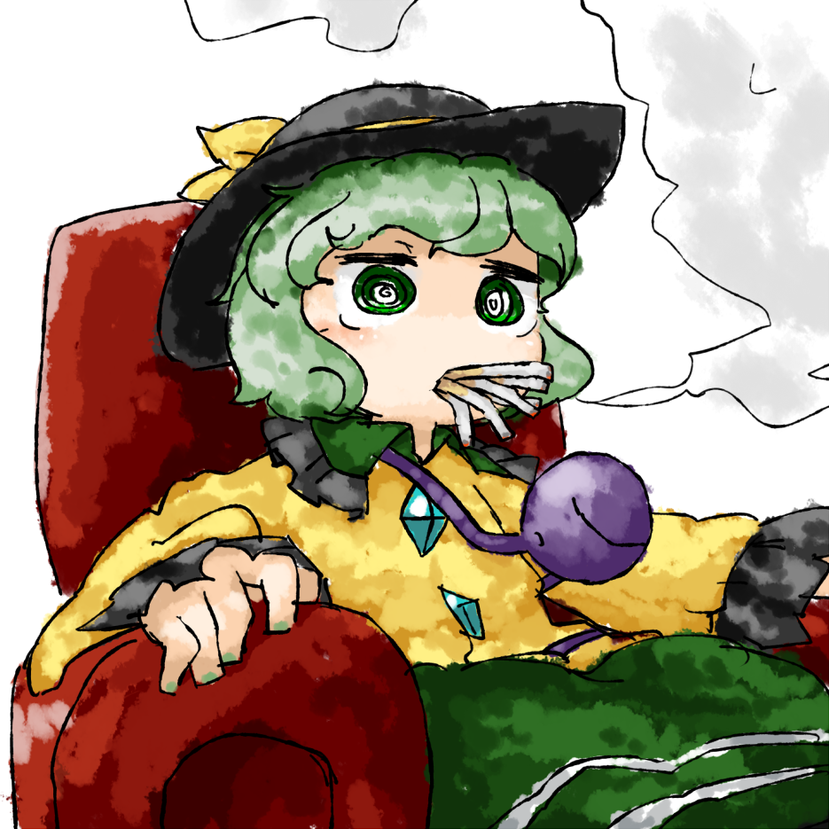 1girl black_hat blank_stare bow chair cigarette collar collared_shirt fingernails frilled_collar frills gem green_collar green_eyes green_hair green_nails green_skirt hat hat_bow hat_ribbon komeiji_koishi long_sleeves nail_polish ribbon shirt short_sleeves simple_background sitting skirt smoke smoking solo thick_eyebrows touhou white_background wing_collar yaise yellow_bow yellow_ribbon yellow_shirt