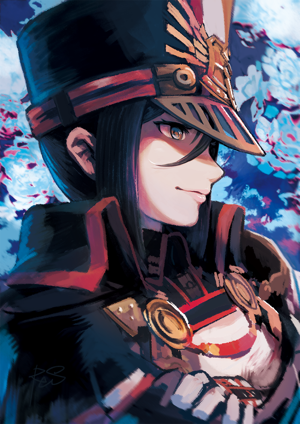 1girl artist_name black_eyes black_hair closed_mouth commentary_request copyright_request from_side hair_between_eyes hat high_collar highres military military_jacket military_uniform peaked_cap pink_lips reiesu_(reis) short_hair signature smile solo uniform upper_body