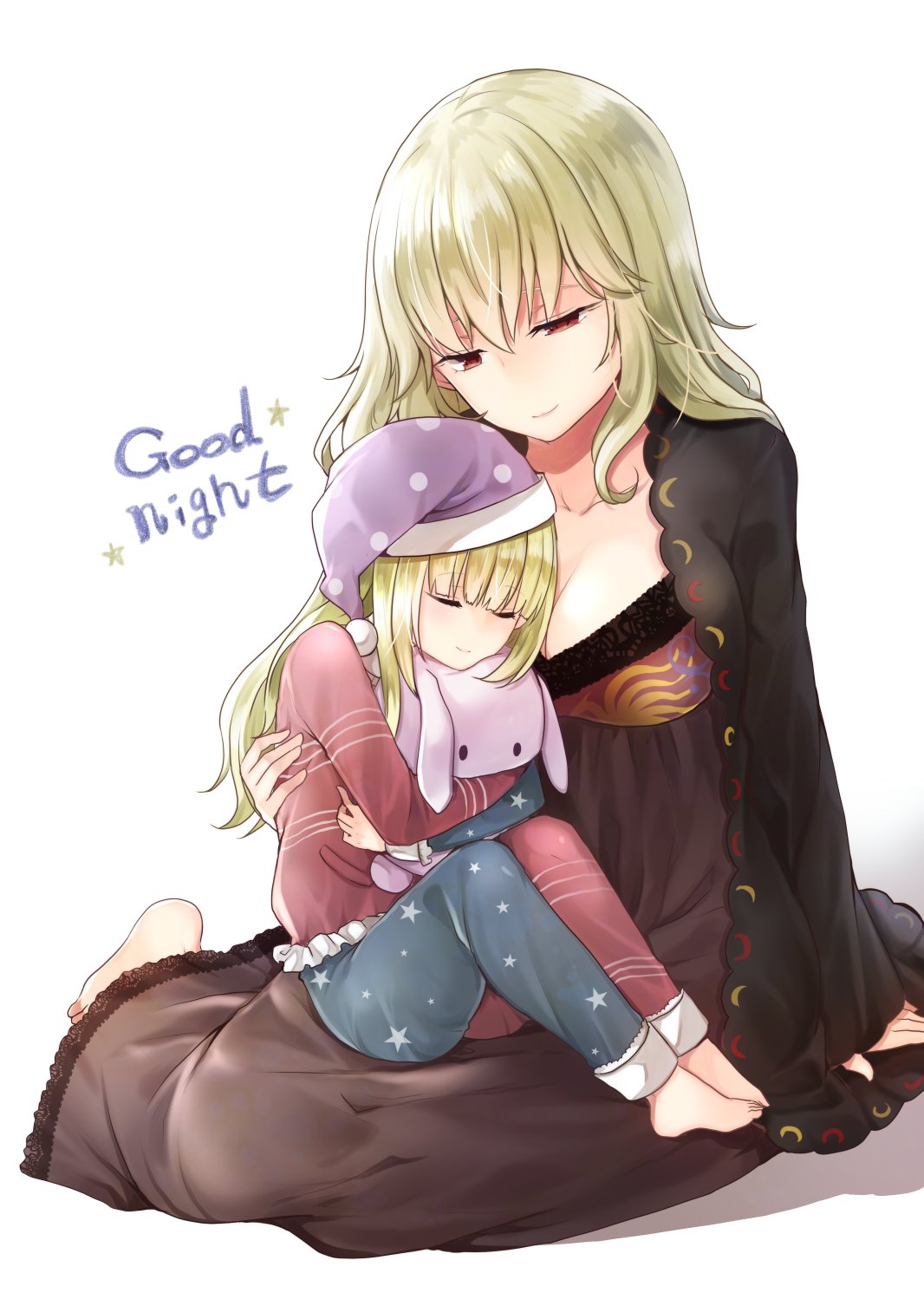 2girls adapted_costume american_flag bangs barefoot black_dress blonde_hair blunt_bangs breasts cleavage clownpiece commentary_request dress english half-closed_eyes hat highres junko_(touhou) large_breasts mimoto_(aszxdfcv) multiple_girls nightcap nightgown object_hug pajamas purple_hat red_eyes simple_background sitting sleeping smile stuffed_toy touhou white_background yokozuwari