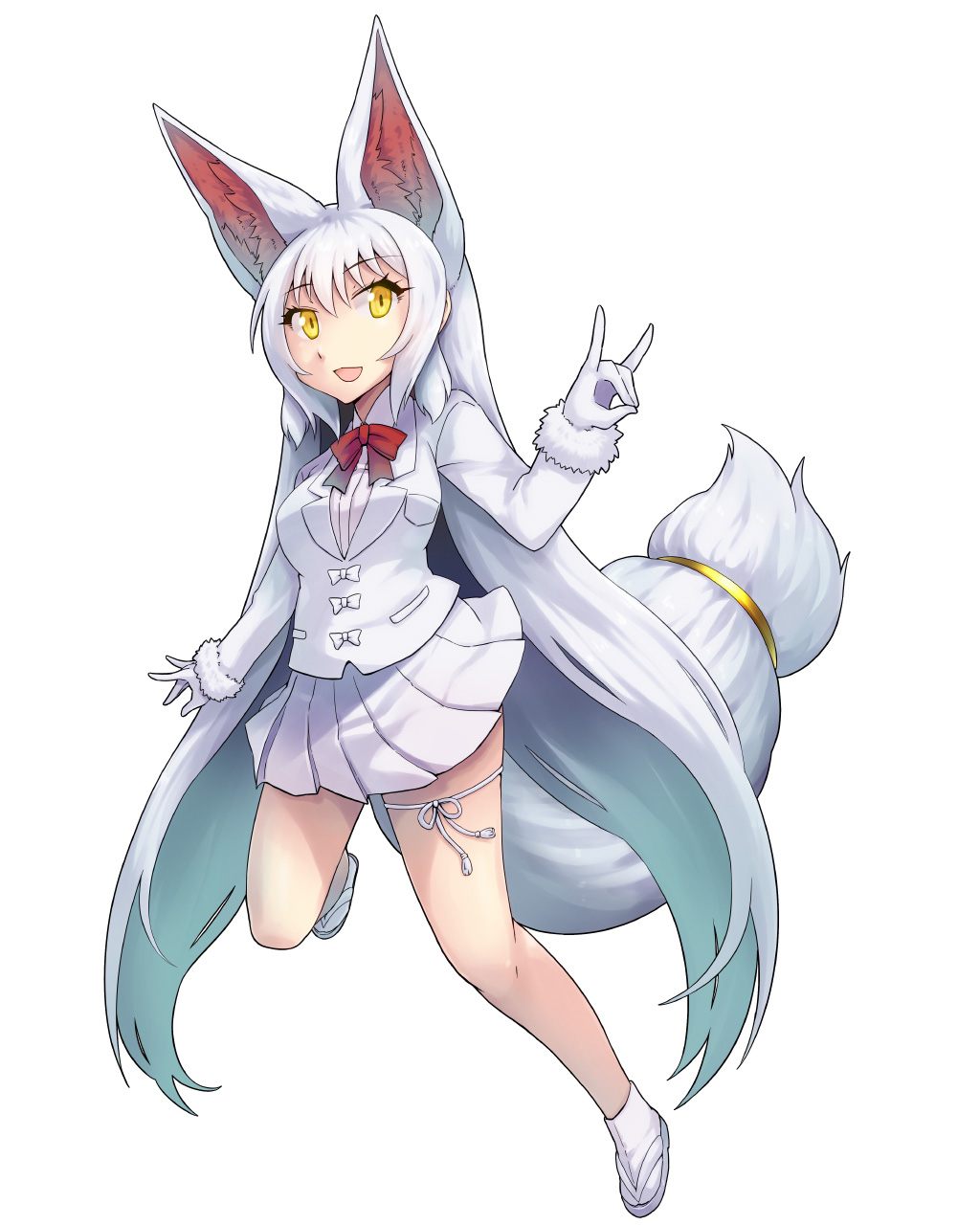 1girl :d \m/ animal_ears arm_at_side bangs blush bow bowtie breasts collared_shirt eyebrows eyebrows_visible_through_hair eyelashes facing_away fox_ears fox_tail full_body fur_trim gloves hair_between_eyes highres jacket kemono_friends legs_apart long_hair long_sleeves looking_away looking_to_the_side medium_breasts miniskirt oinari-sama_(kemono_friends) open_mouth pleated_skirt red_bow red_neckwear ribbon sakuragi_rian shirt sidelocks simple_background skirt smile socks solo tabi tail tail_ring thigh_strap very_long_hair white_background white_bow white_gloves white_hair white_jacket white_legwear white_ribbon white_shirt white_skirt yellow_eyes