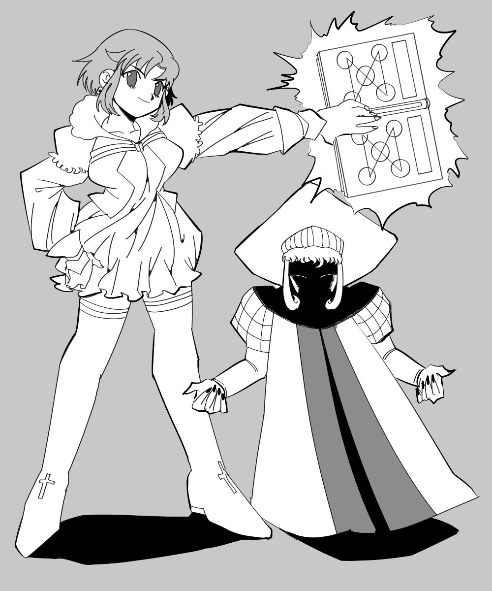 1boy 1girl bob_cut book corset couple cross curly_hair demon demon_boy earrings female frilled_sleeves gray_background greyscale hat juliet_sleeves koko_(konjiki_no_gash!!) konjiki_no_gash!! long_nails long_sleeves male medium_hair multiple_sleeves no_pupils puffy_sleeves robe shaded_face short_dress short_over_long_sleeves simple_background smile thigh_boots wavy_hair zofis