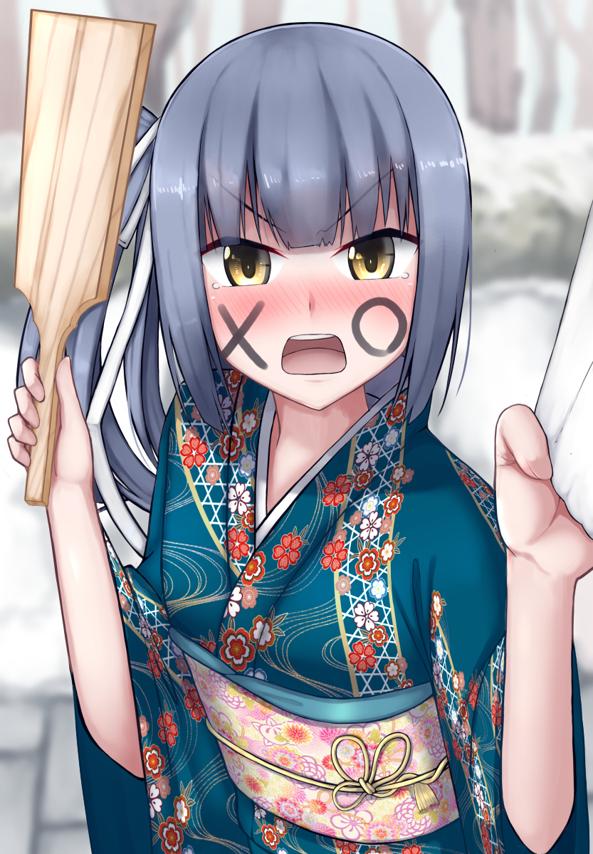 1girl angry floral_print grey_hair hagoita hair_ribbon highres japanese_clothes kantai_collection kasumi_(kantai_collection) kimono long_hair long_sleeves new_year obi open_mouth paddle ribbon sash side_ponytail tears tiemu_(man190) wide_sleeves yellow_eyes