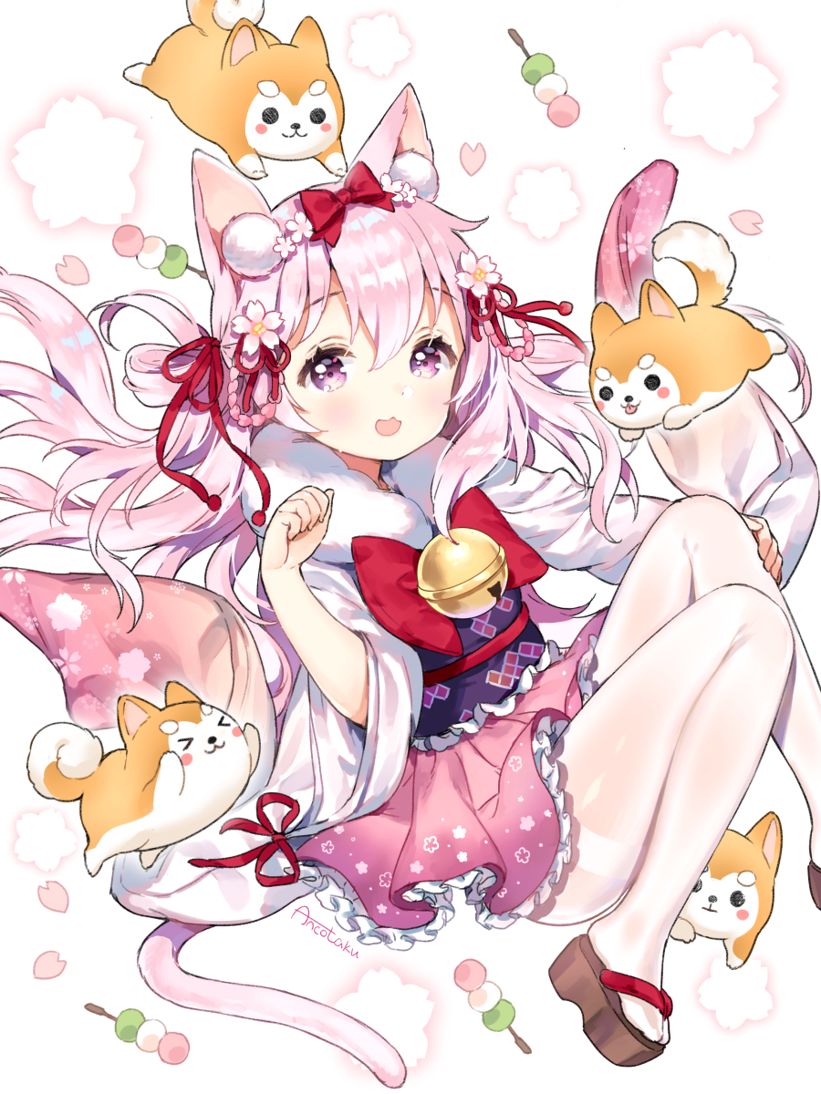 &gt;_&lt; 1girl :3 :d ancotaku animal animal_ears azur_lane bangs bell blush bow brown_footwear cat_ears cat_girl cat_tail clogs closed_mouth commentary_request dango dog eyebrows_visible_through_hair floral_background food frilled_skirt frills hair_between_eyes hair_bow hair_ribbon highres japanese_clothes jingle_bell kimono kisaragi_(azur_lane) long_sleeves looking_at_viewer obi open_mouth pantyhose petals pink_hair pink_skirt red_bow red_ribbon ribbon sanshoku_dango sash short_kimono skirt smile solo tail thick_eyebrows thighband_pantyhose v-shaped_eyebrows violet_eyes wagashi white_background white_kimono white_legwear wide_sleeves year_of_the_dog zouri