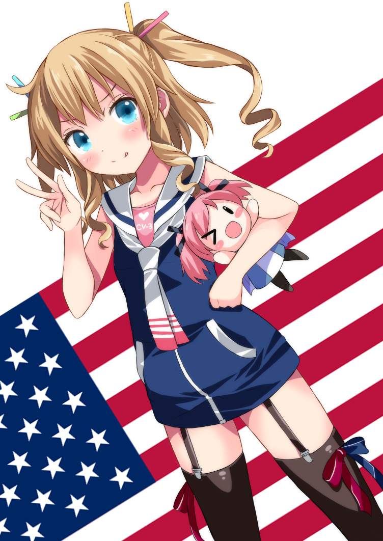 &gt;_o 1girl :d :q american_flag azur_lane bangs bare_arms black_legwear blonde_hair blue_dress blue_eyes blush blush_stickers bow character_doll closed_mouth commentary dress dutch_angle eyebrows_visible_through_hair garter_straps gridley_(azur_lane) hair_ornament heart konpotsu long_hair looking_at_viewer one_eye_closed open_mouth sailor_collar sailor_dress saratoga_(azur_lane) sidelocks sleeveless sleeveless_dress smile solo thigh-highs tongue tongue_out two_side_up v v-shaped_eyebrows white_background white_neckwear white_sailor_collar