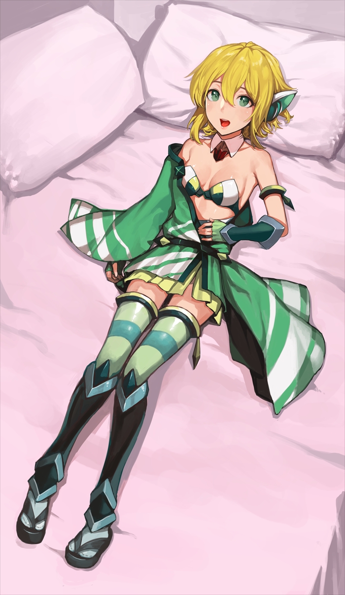 1girl akatsuki_kirika bandeau bare_shoulders bed blonde_hair breasts commentary_request detached_collar fingerless_gloves full_body gloves green_eyes green_gloves hair_ornament highres japanese_clothes kimono kiva_(audi2434) looking_at_viewer lying medium_breasts off_shoulder on_back open_mouth pillow senki_zesshou_symphogear shiny shiny_hair short_hair short_kimono solo striped striped_legwear teeth thigh-highs vambraces