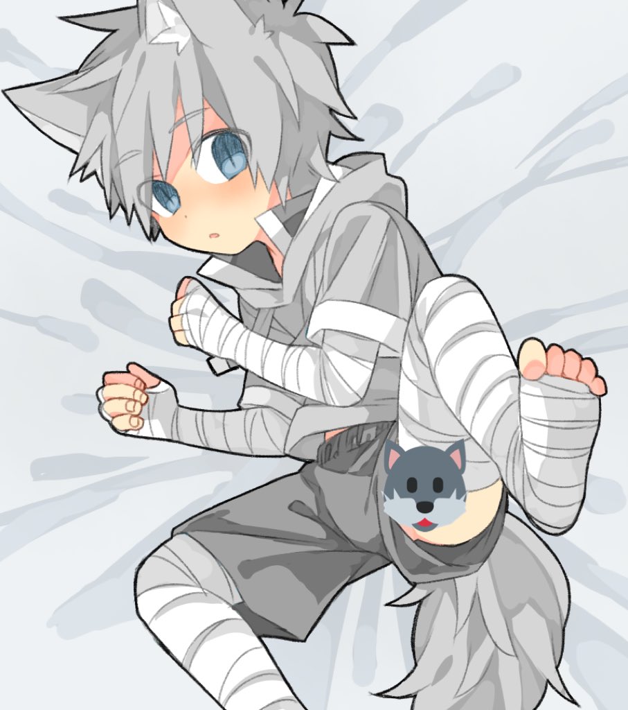 1boy animal_ears bandage bandaged_arm bandaged_leg blue_eyes censored character_censor child eyebrows_visible_through_hair fang grey_hoodie grey_shorts looking_at_viewer male_focus midriff_peek novelty_censor original shorts silver_hair slit_pupils solo tail touyama_(t3yama2) upshorts wolf_ears wolf_tail