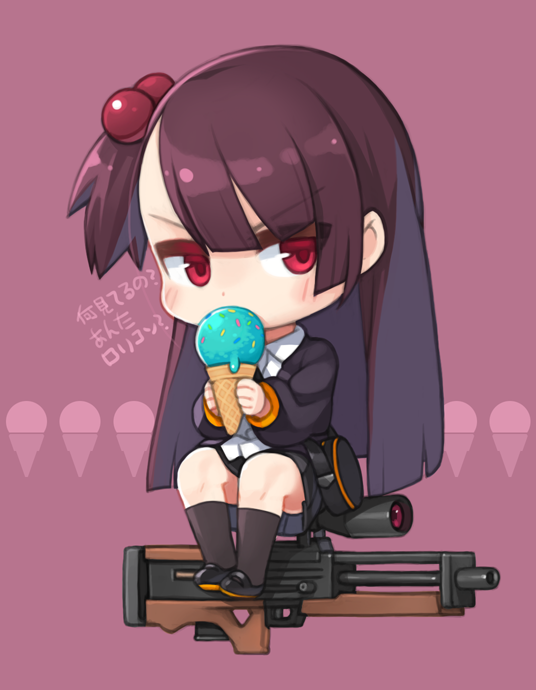 1girl black_footwear black_legwear black_skirt blush bullpup chibi collared_shirt commentary_request food full_body girls_frontline gun hair_bobbles hair_ornament holding holding_food ice_cream ice_cream_cone kneehighs long_hair long_sleeves looking_at_viewer mary_janes one_side_up pink_background pleated_skirt purple_hair ran_system red_eyes rifle scope shirt shoes sitting skirt sniper_rifle solo sprinkles translation_request v-shaped_eyebrows very_long_hair wa2000_(girls_frontline) walther walther_wa_2000 weapon white_shirt wing_collar