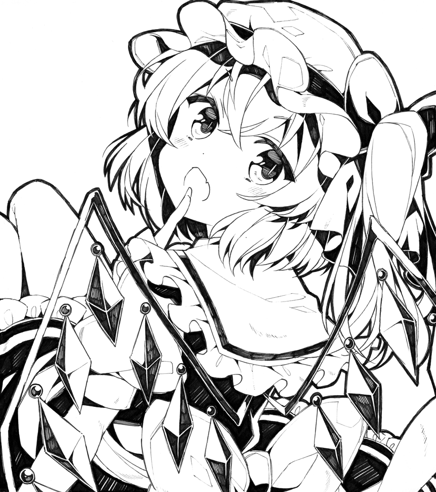 1girl finger_to_mouth flandre_scarlet from_behind hat kurisu_sai looking_back mob_cap monochrome open_mouth simple_background solo touhou white_background wings