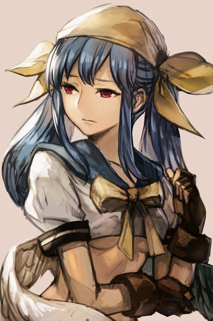 1girl bangs blue_hair bow breasts closed_mouth crop_top crop_top_overhang dizzy ears_visible_through_hair fingerless_gloves gloves guilty_gear hair_between_eyes hankuri long_hair looking_at_viewer medium_breasts midriff multicolored multicolored_clothes open_eyes red_eyes short_sleeves simple_background solo under_boob upper_body wings yellow_bow