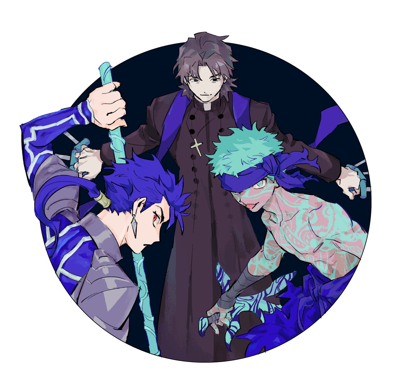 3boys aqua_hair avenger blue_hair body_markings circle fate/hollow_ataraxia fate_(series) gae_bolg glowing_markings highres kotomine_kirei lancer long_hair male_focus multiple_boys ponytail