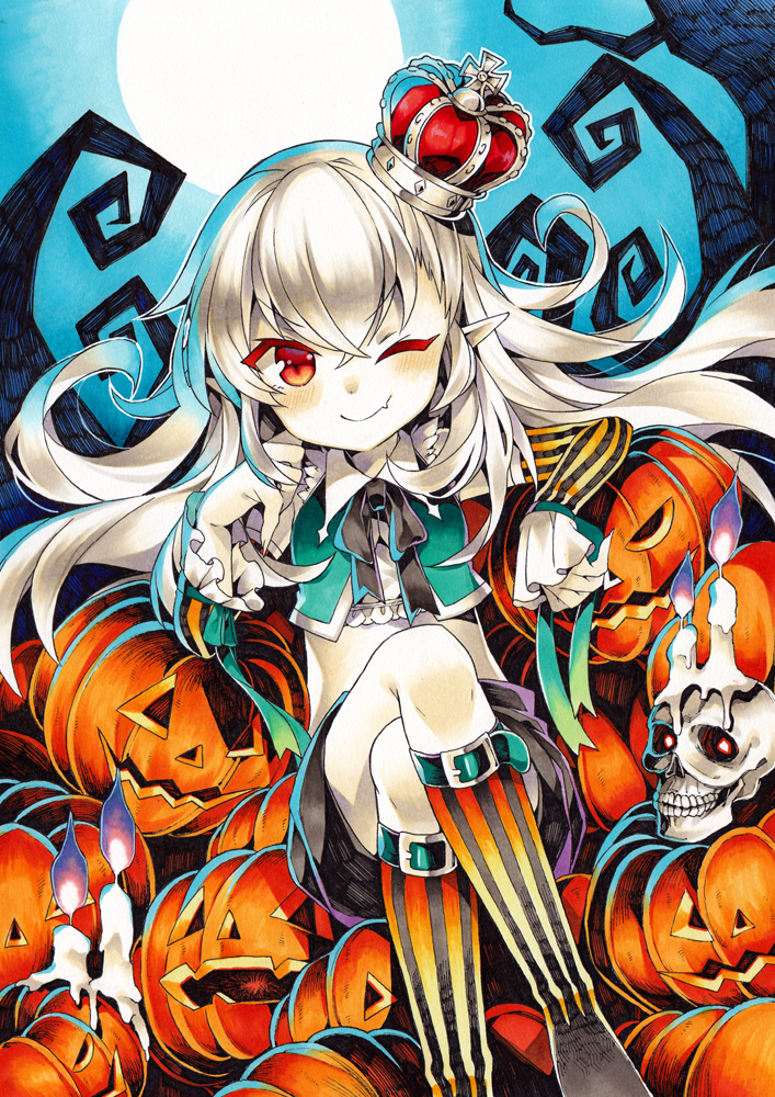 1girl candle full_moon halloween jack-o'-lantern kurisu_sai legs_crossed long_hair looking_at_viewer moon one_eye_closed original pointy_ears red_eyes skull smile solo white_hair