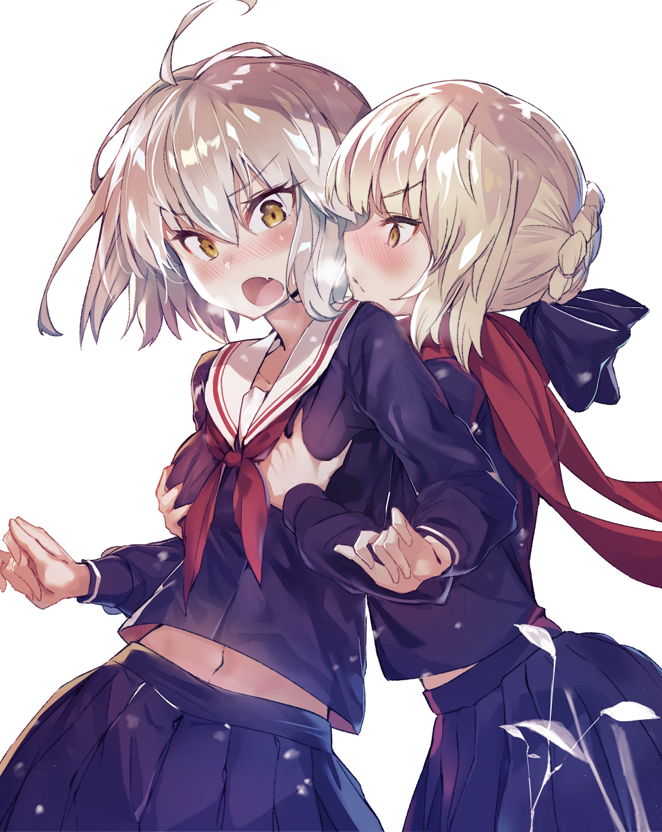 2girls ahoge akieda artoria_pendragon_(all) black_skirt blonde_hair blush bow braid breast_grab breasts commentary_request eyebrows_visible_through_hair fang fate_(series) french_braid grabbing grabbing_from_behind hair_between_eyes hair_bow highres jeanne_d'arc_(alter)_(fate) jeanne_d'arc_(fate)_(all) looking_at_another multiple_girls navel neckerchief open_mouth pleated_skirt red_scarf saber_alter sailor_collar scarf school_uniform serafuku short_hair simple_background skirt small_breasts v-shaped_eyebrows white_background yellow_eyes yuri