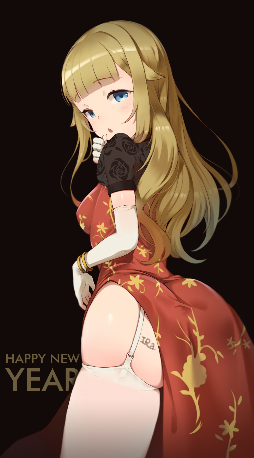 1girl bangs black_background blonde_hair blue_eyes blunt_bangs blush bracelet breasts commentary_request dress elbow_gloves english eyebrows_visible_through_hair floral_print from_behind garter_straps gloves haapi_jang_p happy_new_year highres jewelry long_hair looking_at_viewer medium_breasts new_year parted_lips princess_(princess_principal) princess_principal puffy_short_sleeves puffy_sleeves red_dress rose_print see-through short_sleeves side_slit skindentation solo standing thigh-highs white_gloves
