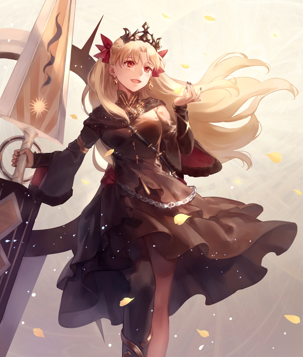 1girl :d black_dress black_nails blonde_hair blush chains double-blade dress earrings ereshkigal_(fate/grand_order) fate/grand_order fate_(series) from_below hair_ribbon holding holding_weapon jewelry kanmuri_(hanyifan30338) long_hair long_sleeves nail_polish open_mouth petals red_eyes red_ribbon ribbon skull smile solo standing tiara twintails weapon