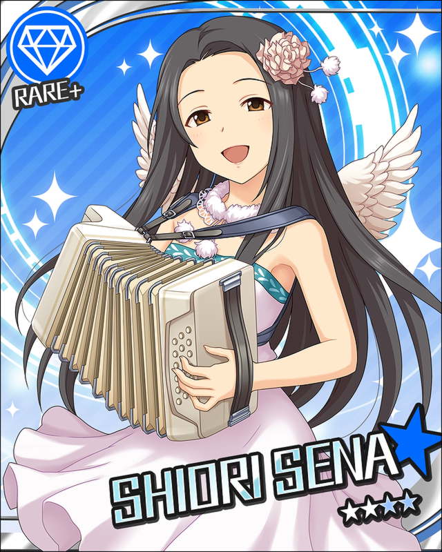 1girl accordion angel_wings artist_request bare_shoulders black_hair blue_background brown_eyes card_(medium) character_name collarbone diamond_(symbol) dress flower hair_flower hair_ornament idolmaster idolmaster_cinderella_girls instrument long_hair looking_at_viewer music official_art open_mouth playing_instrument sena_shiori_(idolmaster) sleeveless sleeveless_dress smile solo strapless strapless_dress white_dress wings