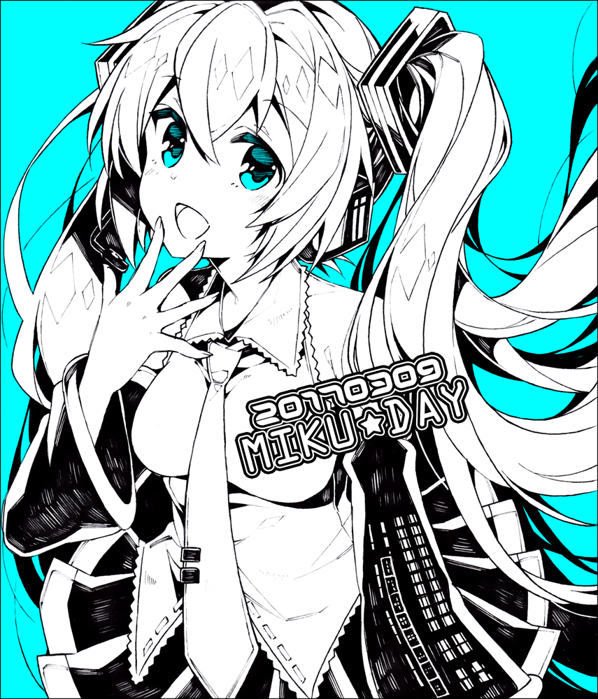 1girl aqua_background aqua_eyes breasts dated detached_sleeves hatsune_miku headphones kurisu_sai long_hair monochrome necktie open_mouth simple_background solo twintails very_long_hair vocaloid