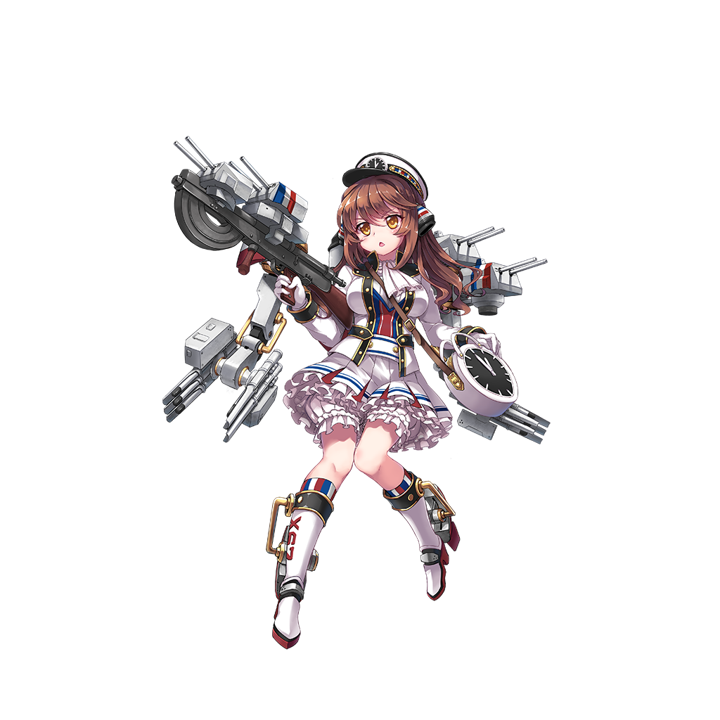 1girl boots breasts brown_eyes brown_hair cannon chestnut_mouth clock full_body gloves gun hair_ornament hat long_hair medium_breasts military military_hat military_uniform north_abyssor official_art solo torpedo_tubes transparent_background uniform volta_(zhan_jian_shao_nyu) weapon zhan_jian_shao_nyu