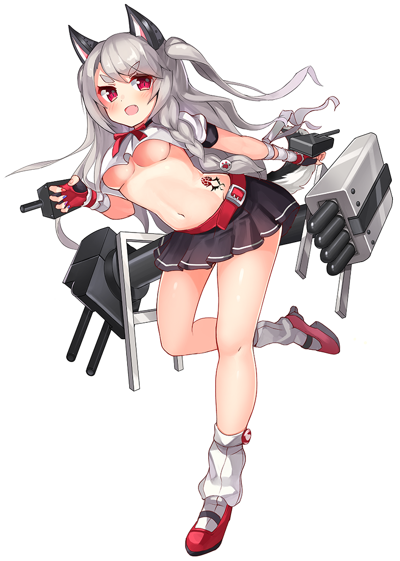 1girl 2drr :d animal_ears azur_lane bangs belt_buckle black_skirt blue_nails blush breasts buckle cannon commentary_request crop_top crop_top_overhang eyebrows_visible_through_hair fang fingerless_gloves fingernails full_body gloves grey_hair high_heels leaning_to_the_side long_hair looking_at_viewer loose_socks machinery medium_breasts midriff multicolored multicolored_nail_polish nail_polish navel one_side_up open_mouth pleated_skirt purple_nails red_belt red_eyes red_footwear red_gloves red_nails school_uniform serafuku shirt shoes short_sleeves simple_background skirt smile socks solo standing standing_on_one_leg tail thick_eyebrows turret under_boob very_long_hair white_background white_legwear white_shirt wolf_ears wolf_girl wolf_tail yuudachi_(azur_lane)