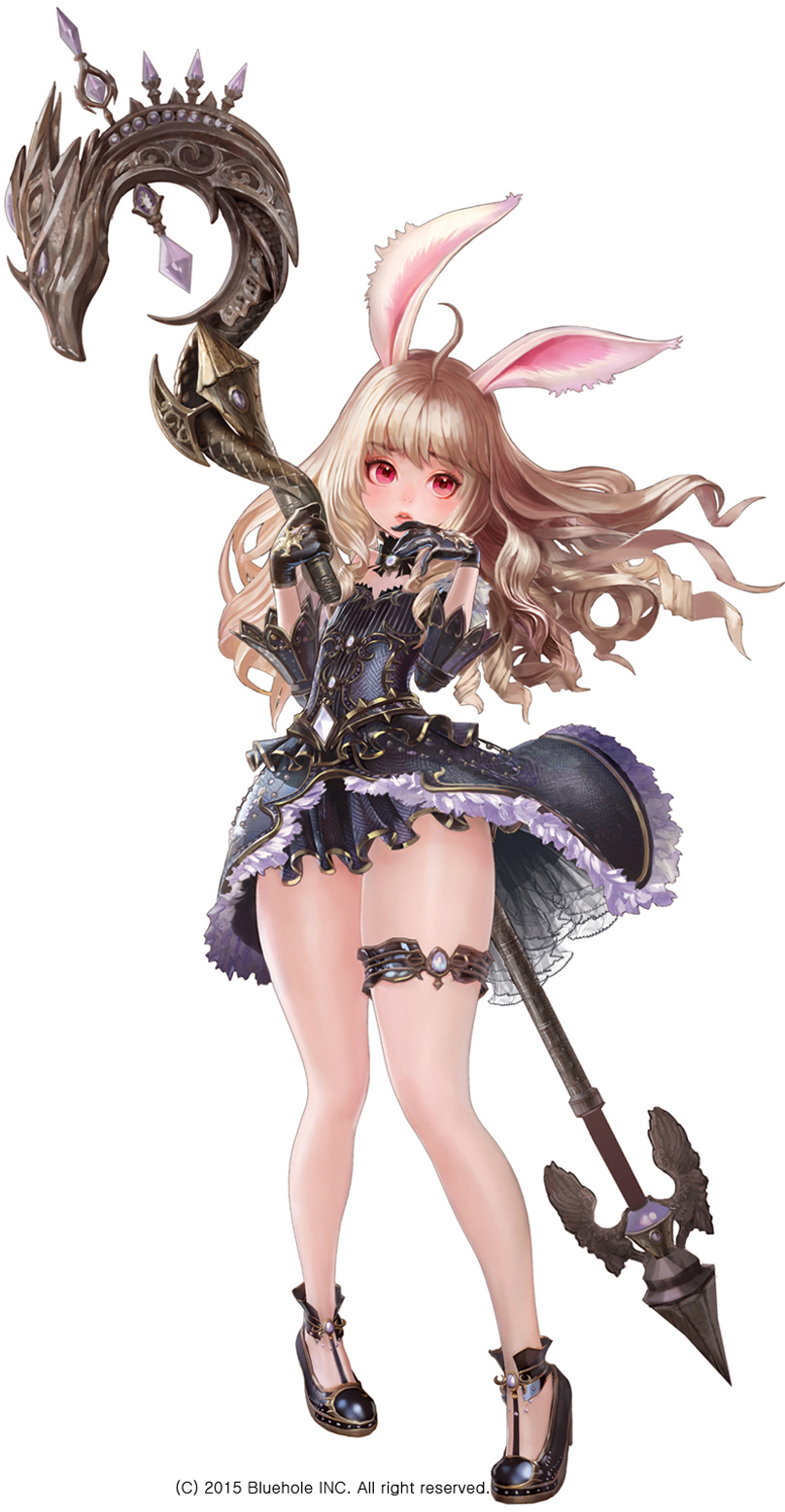 1girl ahoge animal_ears arm_up artist_request black_dress black_gloves blonde_hair dress elin_(tera) full_body gloves hand_to_own_mouth highres legs long_hair official_art rabbit_ears red_eyes shoes showgirl_skirt simple_background solo staff tera_online thigh_strap weapon white_background wind wind_lift