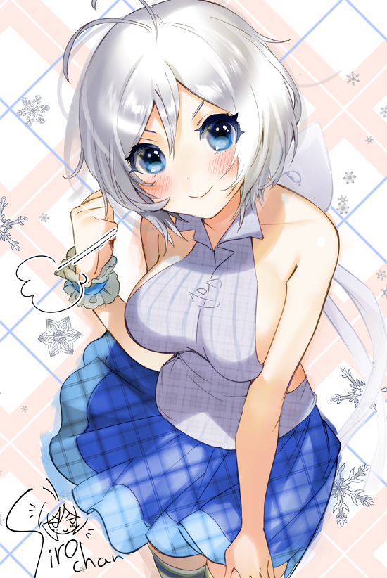 1girl ahoge bare_shoulders blue_eyes blue_skirt blush bow breasts character_name clenched_hand dennou_shoujo_youtuber_shiro hand_up looking_at_viewer medium_breasts ogino_atsuki shiro_(dennou_shoujo_youtuber_shiro) short_hair sideboob silver_hair skirt smile snowflakes solo standing thigh-highs white_bow